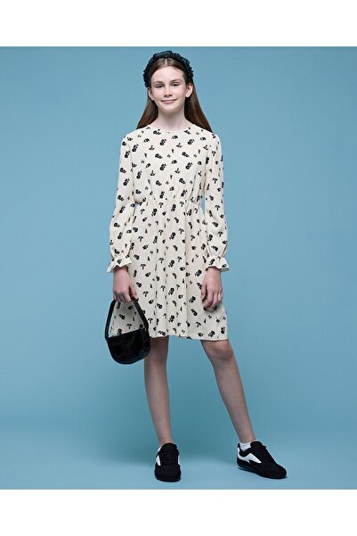 R&B فستان مطبوع بقصة A-Line مع ياقة دائرية وأكمام طويلة