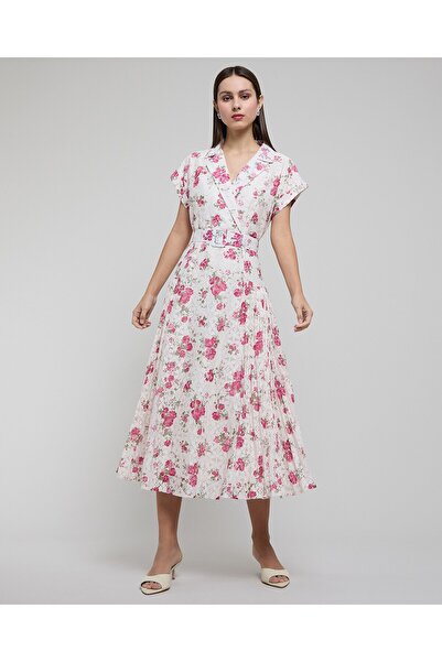 R&B Floral Print Midi Dress With Notch Collar And Short Sleeves
