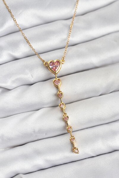Nehir 316L Steel Chain Gold Color Pink Heart Women's Necklace Valentine's Mot...