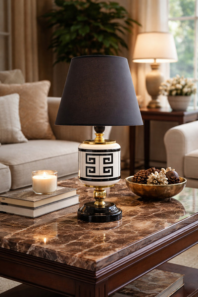 ferayhome Abajur Aydınlatma Seramik Oval Siyah Versa Desen Siyah Şapka Gold -...