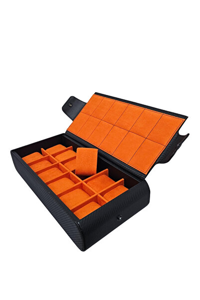 ÖZER KUTU Deri 12 Li Saat Çantası Yandan Çıtçıtlı (Karbon)