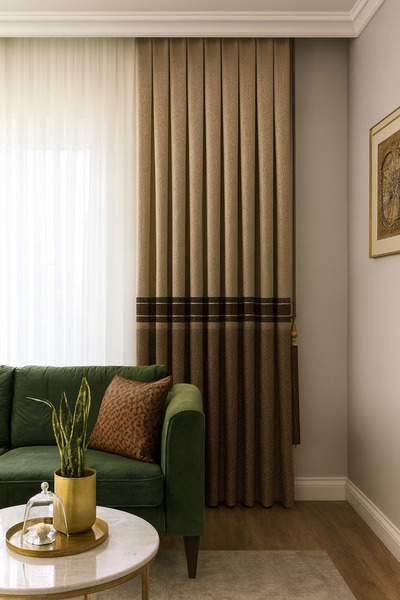 Fluiana Fon Perde Desenli Krem - Cappuccino Pile Dikim, Blackout (TEK KANAT)