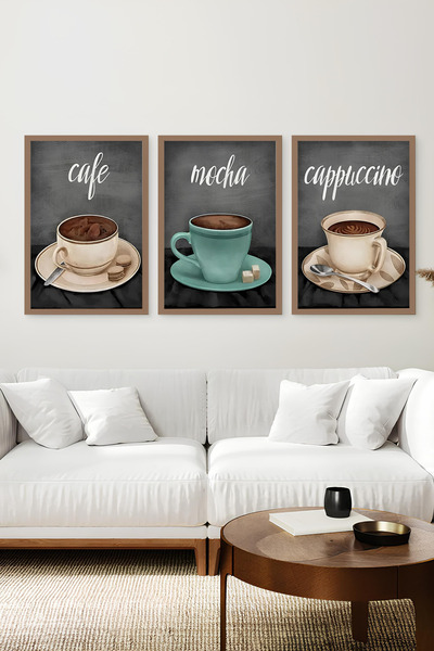 kutuTR Kahverengi Ahşap Çerçeveli 2DUV Baskı 3’lü MDF Tablo–Cafe Mocha Cappuc...