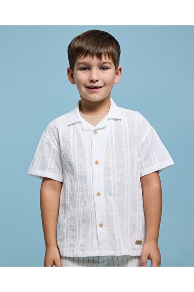 R&B قميص بنقشة ذاتية مع ياقة مطوية وأكمام طويلة