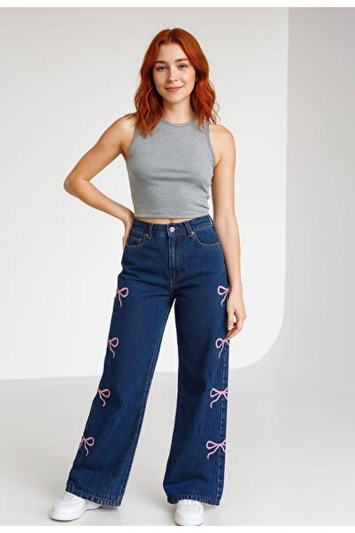 Semesia Blugi largi cu broderie de cireșe