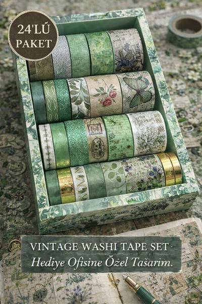 hediyeofisi Набір зелених вінтажних стрічок Washi, 24 шт. | Декорування альбо...