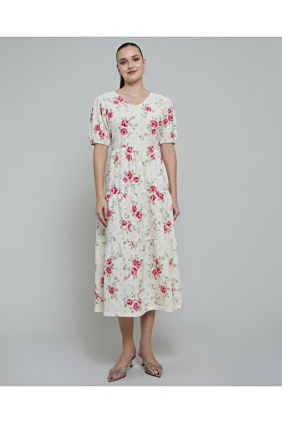 R&B فستان ميدي مطبوع عليه زهور بياقة على شكل حرف V وأكمام منفوخة