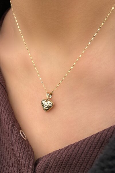 Altınaşkı Aynalı Zincirli Kalemli Kalp Altın Kolye