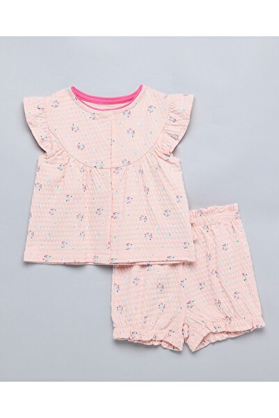 R&B Girl's Peach Printed Top And Shorts Set