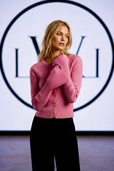 LWL Pembe Bisiklet Yaka Gold Düğme Detaylı Fitilli Triko Hırka