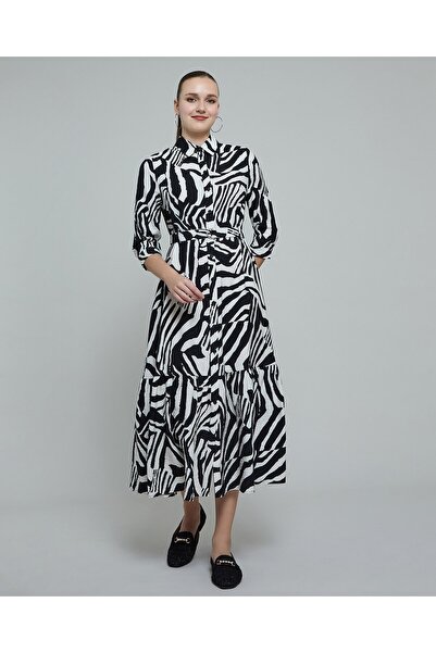R&B Patterned Shirt Dress With 3/4 Sleeves