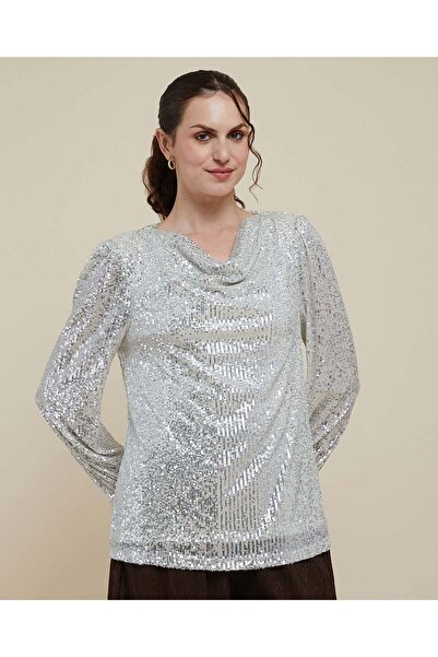 R&B Sequined Top With Cowl Neck And Long Sleeves