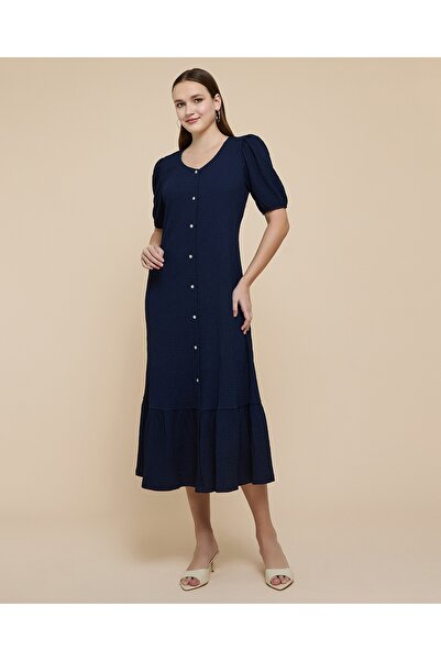 R&B Textured A-Line Dress With V-Neck And Puff Sleeves