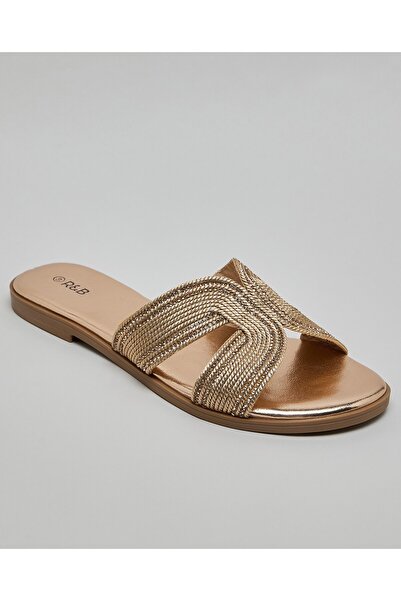 R&B صنادل نسائية مسطحة مزينة بالذهب
