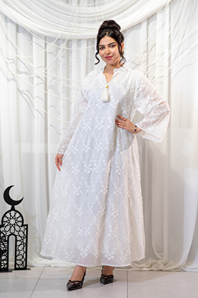 Hasnaa Abaya Elegant white Ramadan jalabiya with rose embroidery