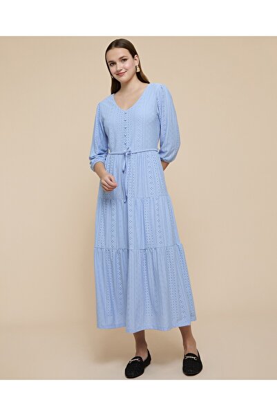R&B Schiffli Tiered Dress With V-Neck And 3/4 Sleeves