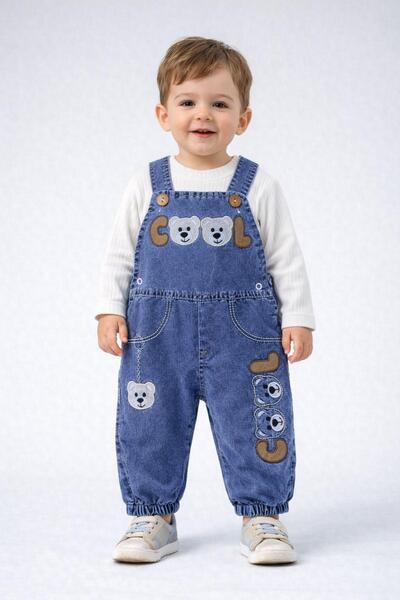 dinamik çocuk Baby Bodysuit 2-Piece Denim Jumpsuit Set Cool Teddy Bear Embroi...