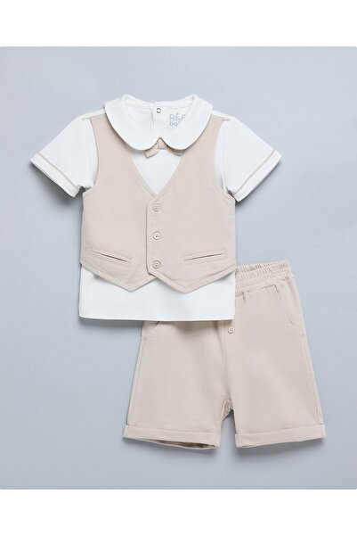 R&B طقم قميص وشورت للأولاد ألوان متباينة بيج متداخل