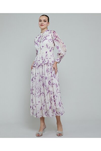 R&B فستان ميدي منقوش بياقة ماندرين وأكمام واسعة