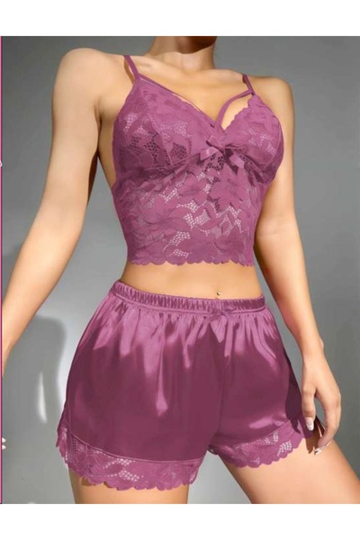 MYDORA LİNGERİE Lüks Mor Saten Uyku Takımı Dantel Detaylı ve İnce Askılı
