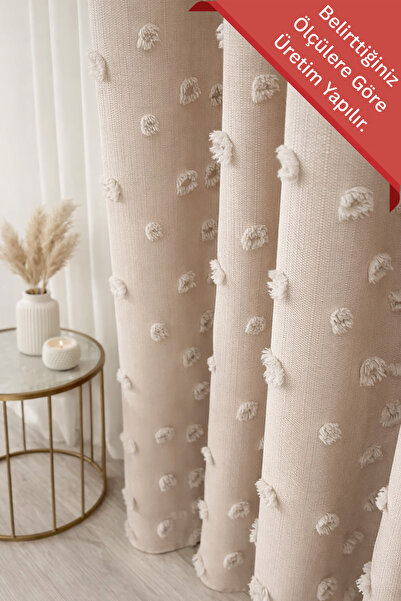 Fluiana Keten Ponponlu Fon Perde Yeni Sezon, Bej Püsküllü, Sık Pileli Tek Kanat