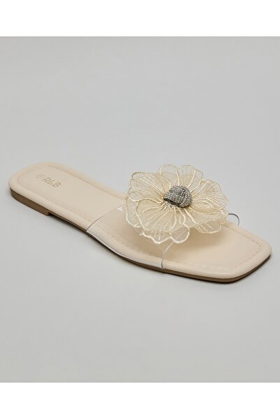 R&B Women's Beige Flower Detail Flat Sandals