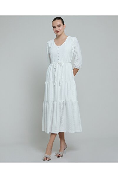 R&B Schiffli Tiered Dress With V-Neck And 3/4 Sleeves