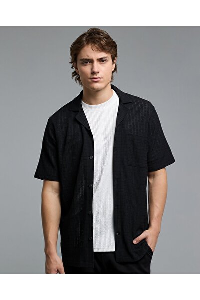 R&B Textured Shirt With Revere Collar And Short Sleeves