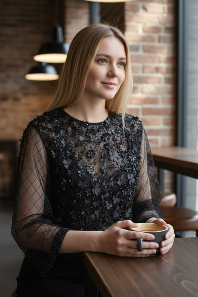 modayiğit Papatya dokulu taş işlemeli özel dikim kadın transparan bluz