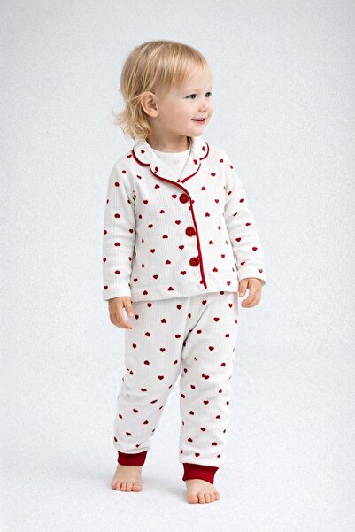 dinamik çocuk Girl's Heart Patterned 2-Piece Pajama Set Long Sleeve Top and B...