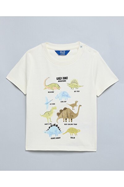 R&B تيشيرت مطبوع عليه رسومات ديناصورات، بياقة دائرية وأكمام قصيرة