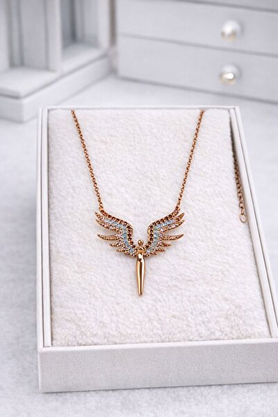 ZEMPERİ Melek Figürlü Zirkon Taşlı Melek Kanadı Kararmaz Gold Çelik Kolye