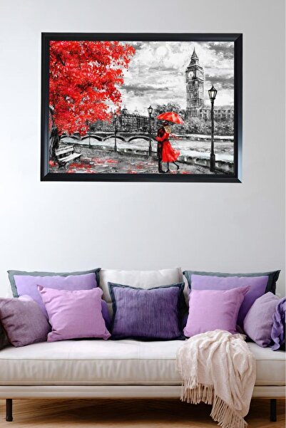 LUXRN Framed Wall Painting Black and White City Themed with Red Detail Uv Pri...