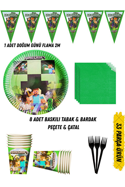 HAPPYLOOPPARTY Minecraft Temalı Doğum Günü Parti Seti Tabak & Bardak & Peçete...