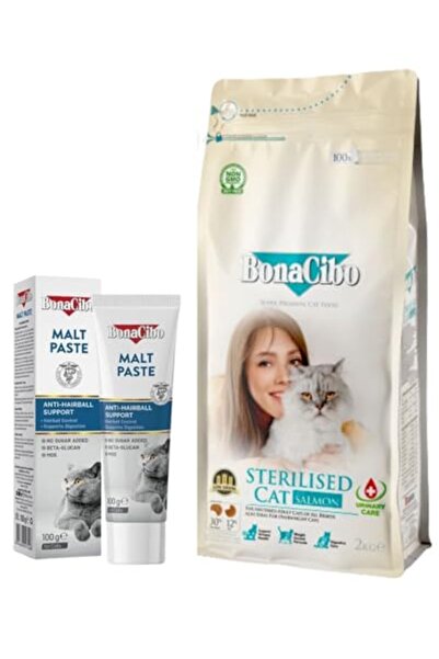 BonaCibo Somonlu ve Balıklı Kısırlaştırılmış Kedi Maması 2 Kg + Malt Paste 10...