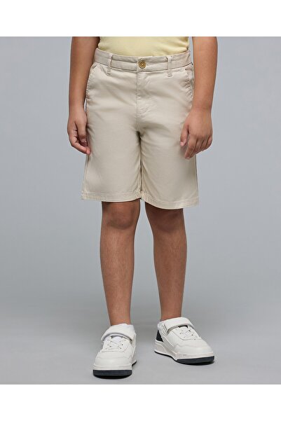R&B Boy's Beige Solid Shorts With Button Closure