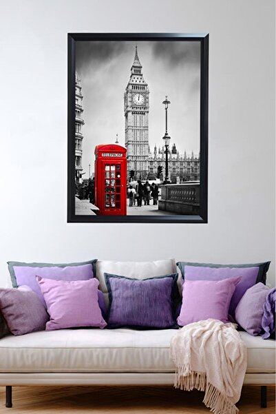 LUXRN Framed Wall Painting Black and White City Themed with Red Detail Uv Pri...