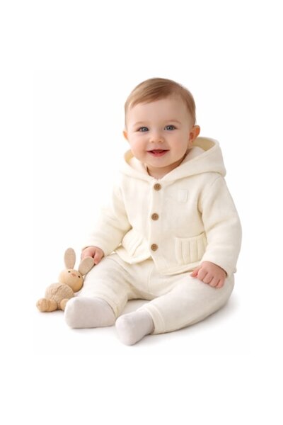 minibanda - Set Babies from Knit 2 Pieces with Hoodie and Pants, White, 74 CM