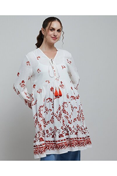 R&B تونيك مطبوع بياقة على شكل حرف V وأكمام طويلة