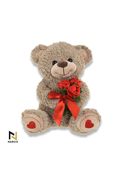 NARCIX Light brown teddy bear NARCIX® with red roses and bow, 27x25x30 cm