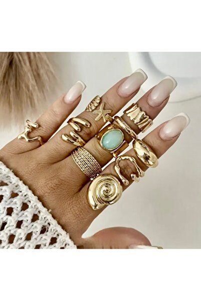 İthal 10 Piece Gold Color Bijouterie Ring Set, Women's Rings with Starfish an...