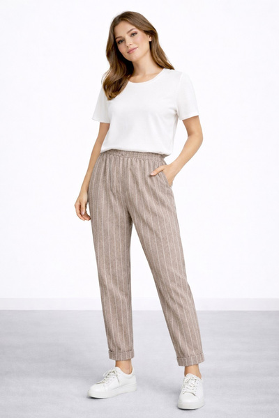 bebekpare Women's Beige Striped Elastic Waist Woven Trousers