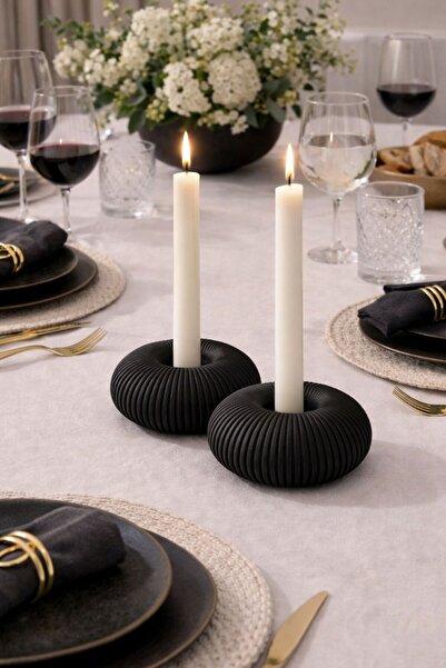 BUBUHOMEDECOR Modern Dekoratif 2'li Şamdanlık Siyah Renk