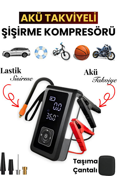 Yussraw auhma 4-in-1 Şarjlı Akü Takviye Cihazı Uyumlu orjinal 8000 mah, Lasti...