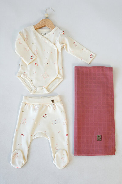 Caramell ÇİÇEK DESENLİ YENİDOĞAN 3'LÜ TAKIM-%100 PAMUKLU ZIBIN,PANTALON VE MÜ...