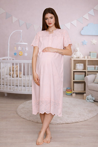 Yulem Homewear Powder Fisto Linen Special Design Cotton Maternity Nightgown