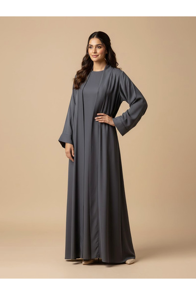 Muchmy Elegant 2 Piece Gray Abaya Set For Women's Flowy Open Muslim Arabic Lo...