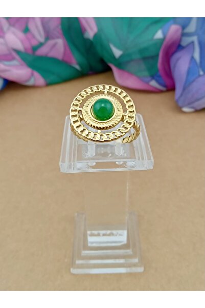 Orelia Takı Yeşil Jade Taşlı Ayarlanabilir Çelik Yüzük