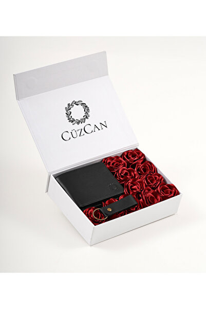 CüzCan Premium Gift Rose Box - Joseph Black Genuine Leather Wallet - Keychain...