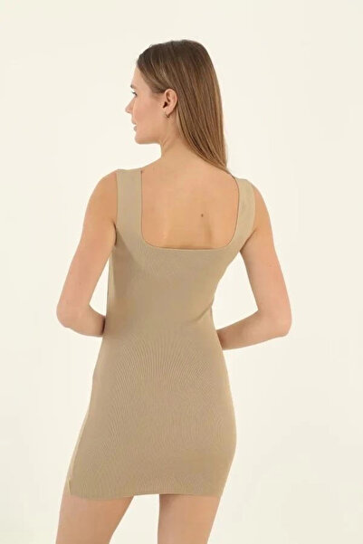 Alfanora Women's Square Collar Midi Length Lycra Polylite Dress - Beige